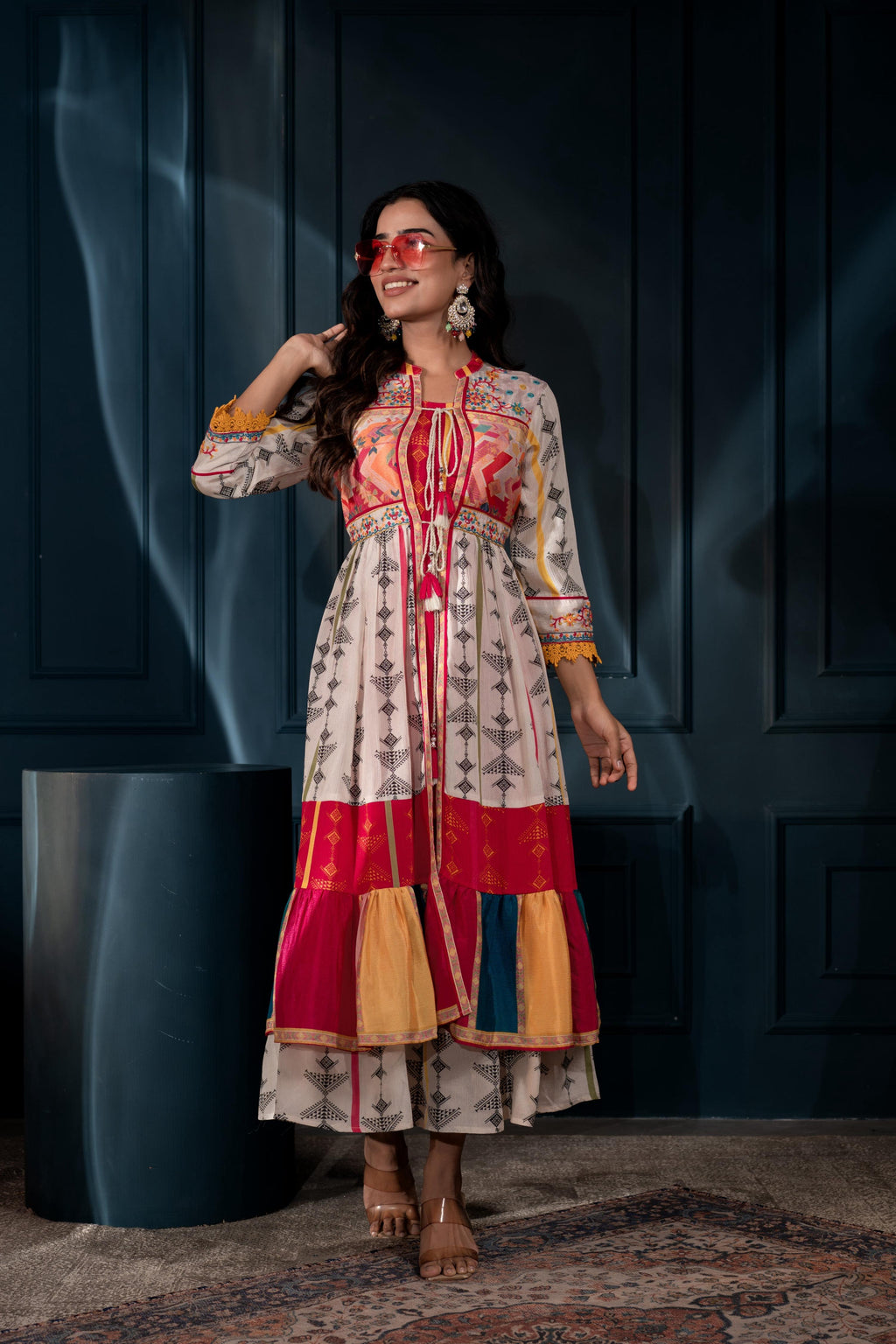 Juniper Ivory Man Made Fiber Ethnic Gathered Flared Long Dress With Mirror & Thread Work | Grocsy