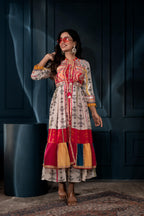 Juniper Ivory Man Made Fiber Ethnic Gathered Flared Long Dress With Mirror & Thread Work | Grocsy