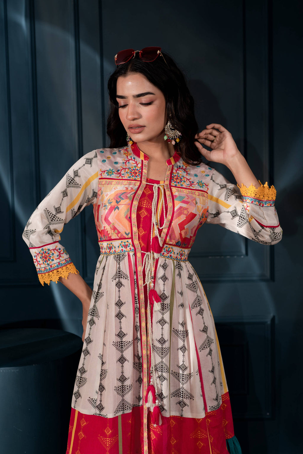 Juniper Ivory Man Made Fiber Ethnic Gathered Flared Long Dress With Mirror & Thread Work | Grocsy