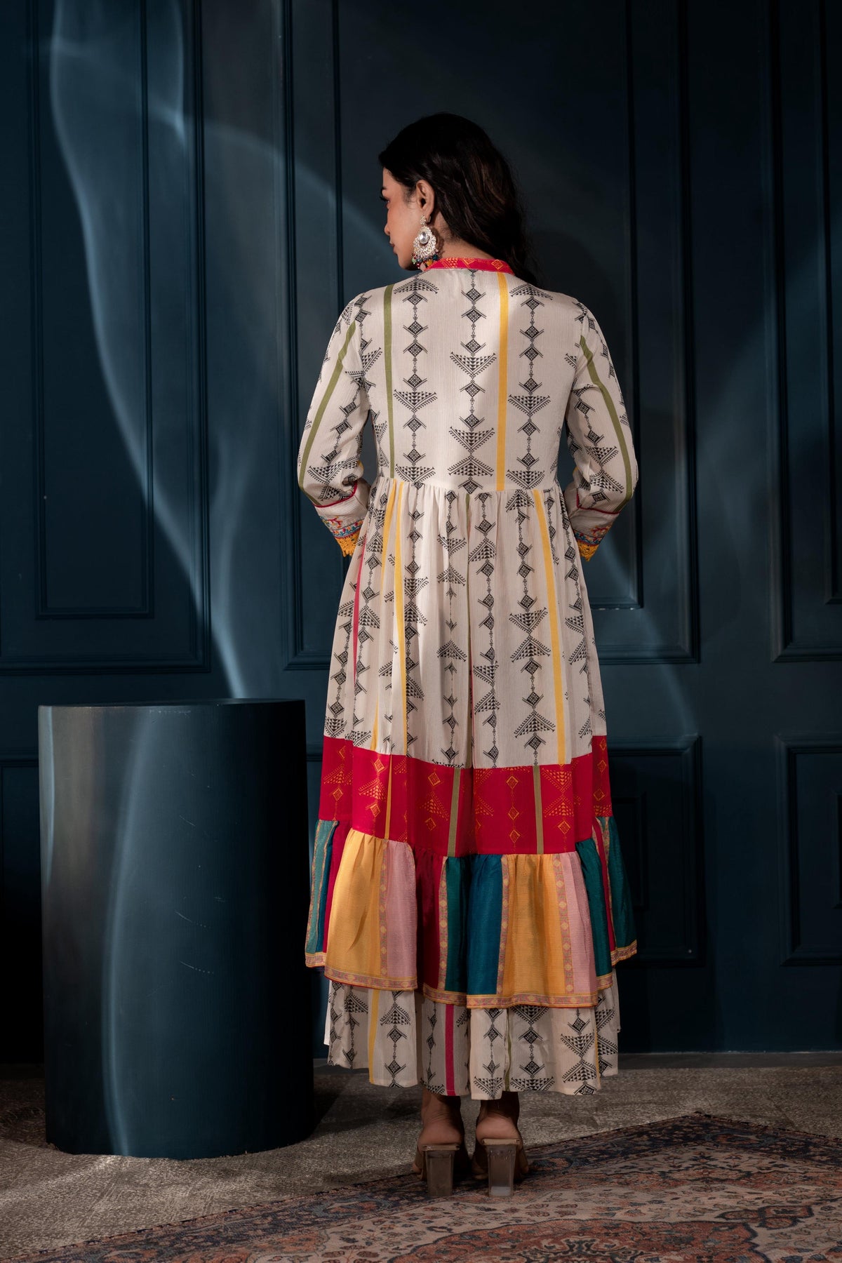 Juniper Ivory Man Made Fiber Ethnic Gathered Flared Long Dress With Mirror & Thread Work | Grocsy