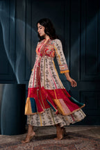 Juniper Ivory Man Made Fiber Ethnic Gathered Flared Long Dress With Mirror & Thread Work | Grocsy