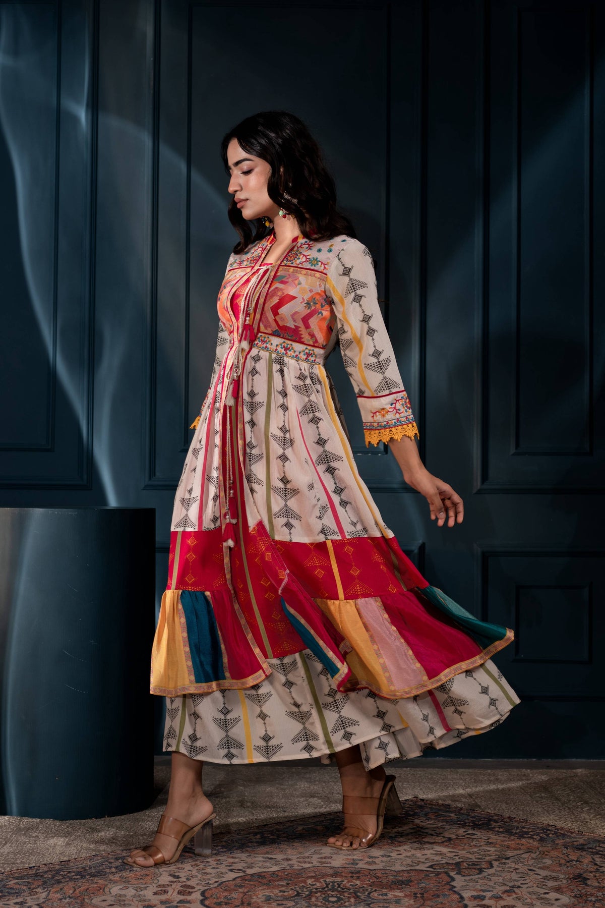 Juniper Ivory Man Made Fiber Ethnic Gathered Flared Long Dress With Mirror & Thread Work | Grocsy