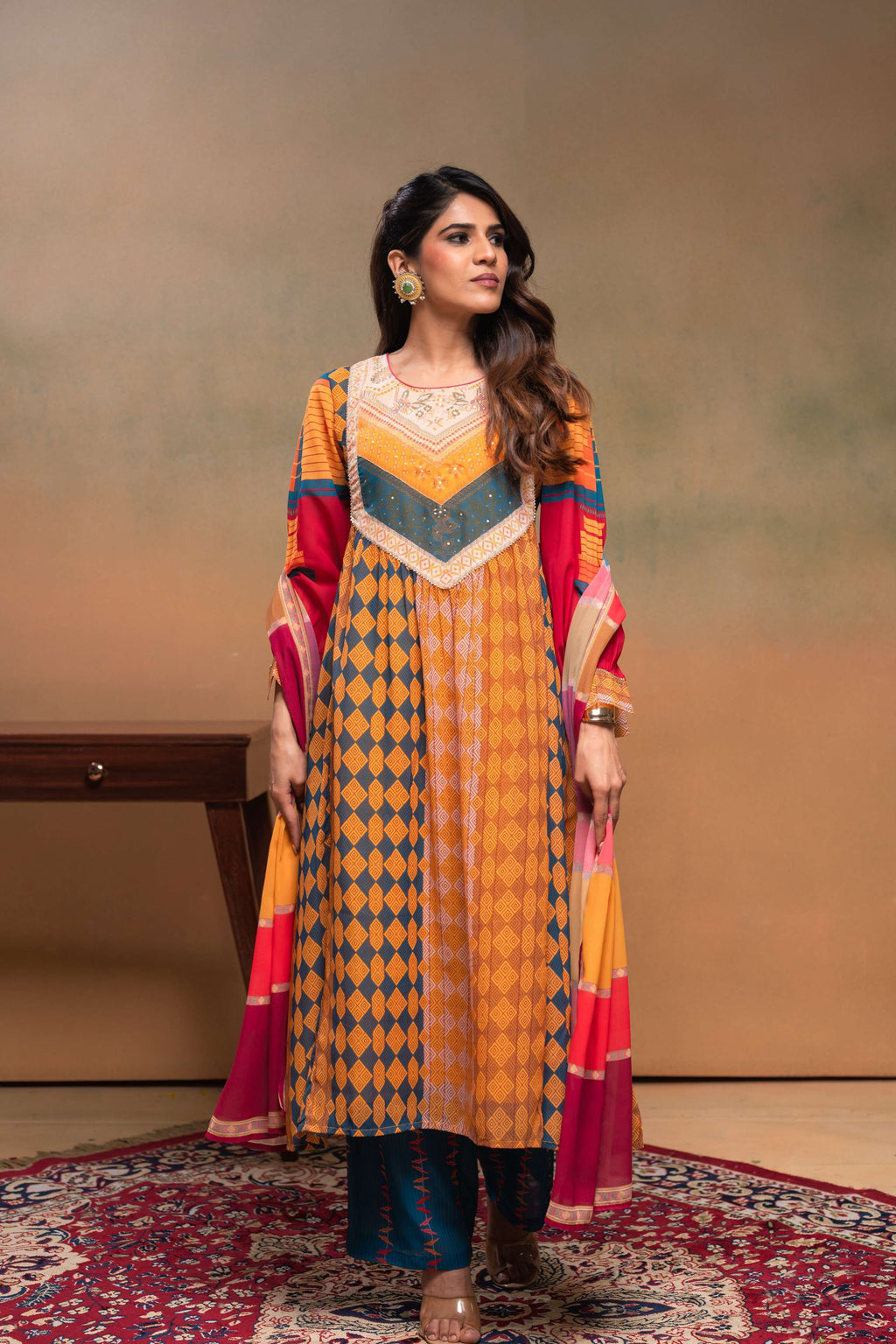 Juniper Mustard Man Made Fiber Ethnic Gathered Flared Kurta With Pants & Dupatta Set With Beads & Sequence Work | Grocsy