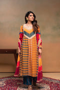 Juniper Mustard Man Made Fiber Ethnic Gathered Flared Kurta With Pants & Dupatta Set With Beads & Sequence Work | Grocsy
