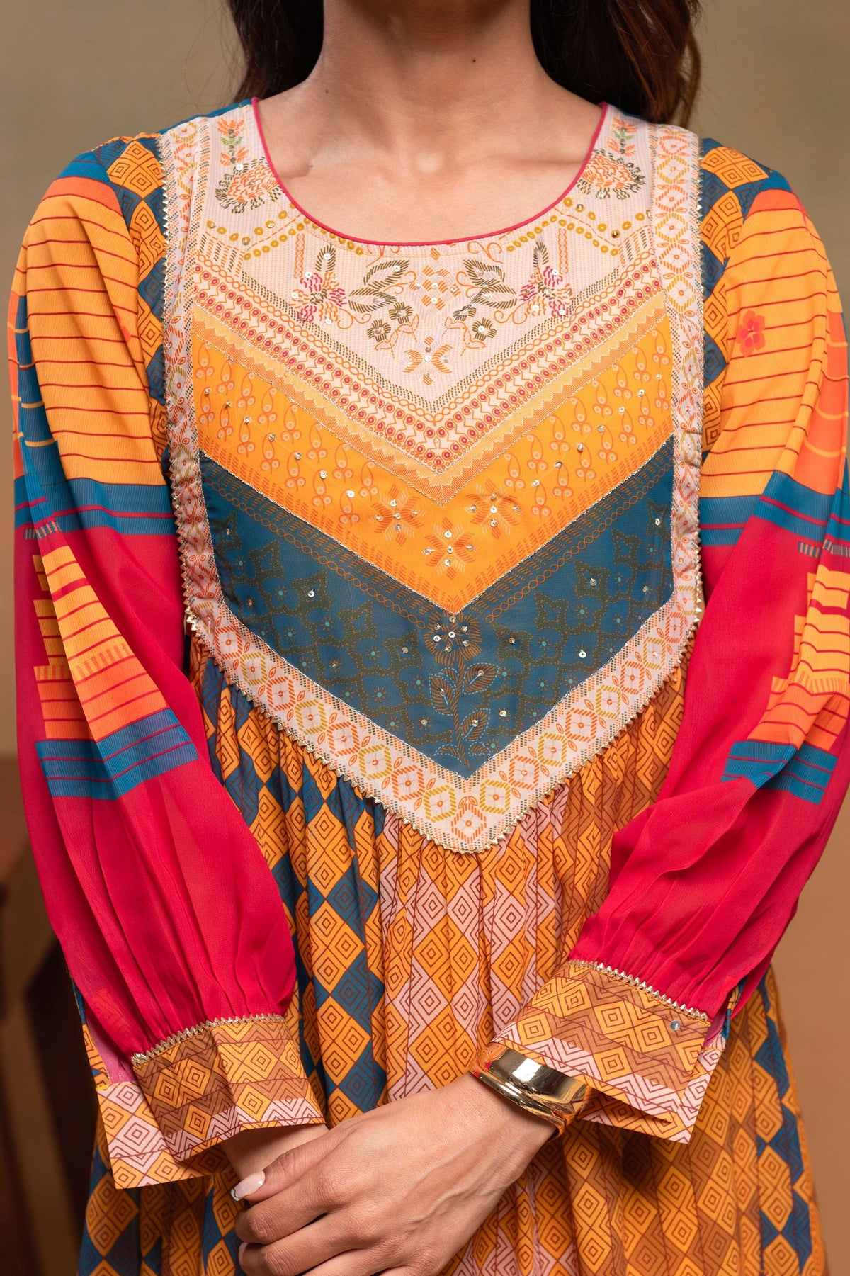 Juniper Mustard Man Made Fiber Ethnic Gathered Flared Kurta With Pants & Dupatta Set With Beads & Sequence Work | Grocsy