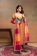 Juniper Mustard Man Made Fiber Ethnic Gathered Flared Kurta With Pants & Dupatta Set With Beads & Sequence Work | Grocsy