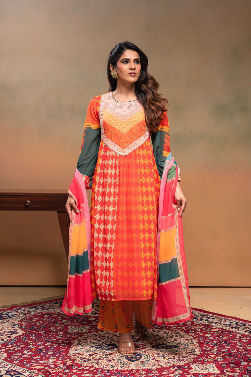 Juniper Orange Man Made Fiber Ethnic Gathered Flared Kurta With Pants & Dupatta Set With Beads & Sequence Work | Grocsy