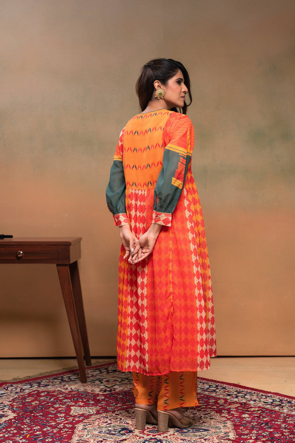 Juniper Orange Man Made Fiber Ethnic Gathered Flared Kurta With Pants & Dupatta Set With Beads & Sequence Work | Grocsy