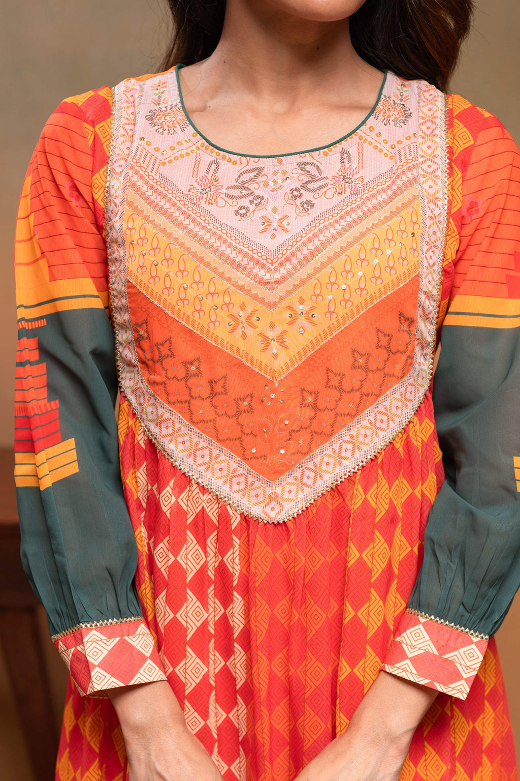 Juniper Orange Man Made Fiber Ethnic Gathered Flared Kurta With Pants & Dupatta Set With Beads & Sequence Work | Grocsy