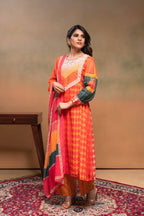 Juniper Orange Man Made Fiber Ethnic Gathered Flared Kurta With Pants & Dupatta Set With Beads & Sequence Work | Grocsy