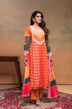 Juniper Orange Man Made Fiber Ethnic Gathered Flared Kurta With Pants & Dupatta Set With Beads & Sequence Work | Grocsy