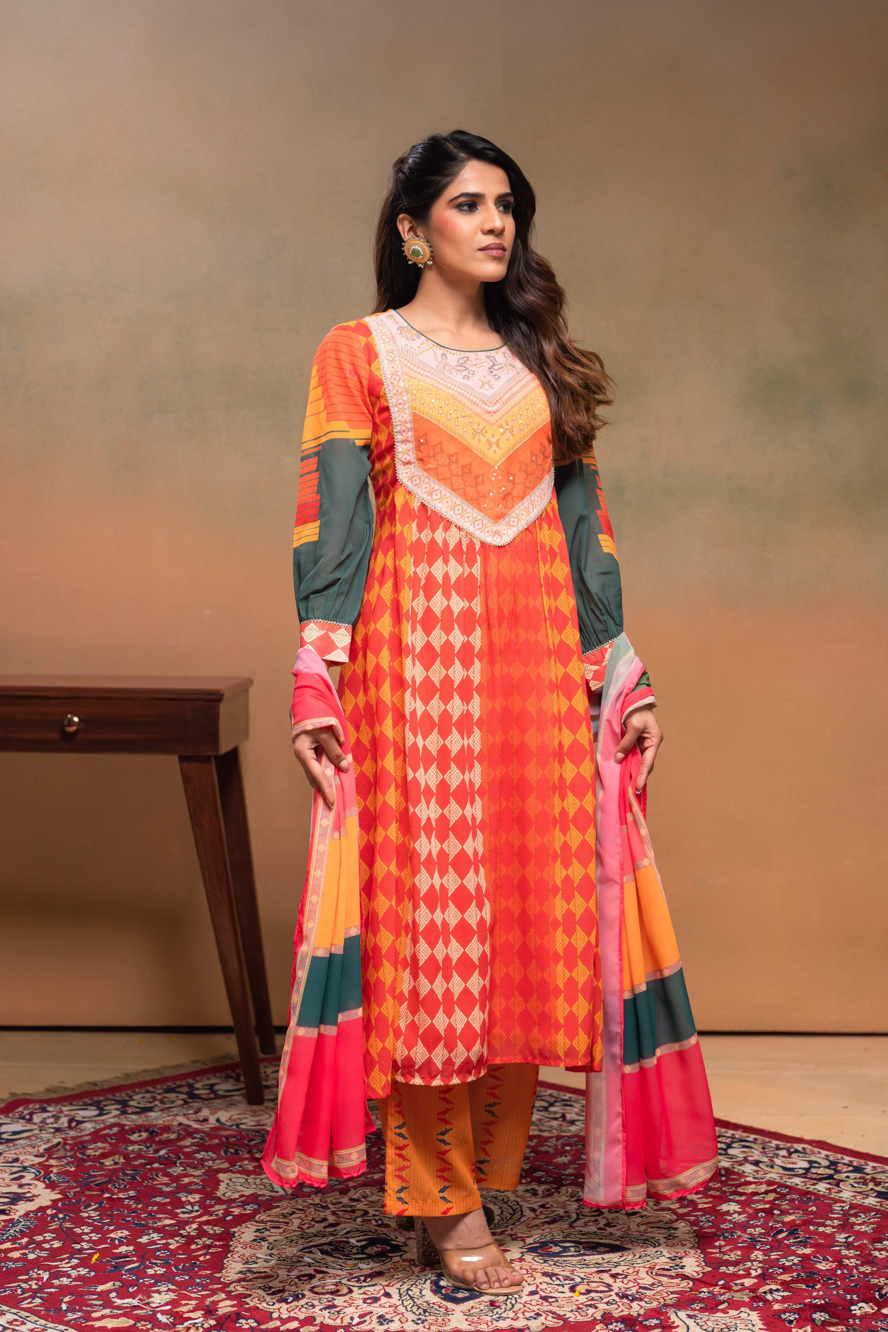 Juniper Orange Man Made Fiber Ethnic Gathered Flared Kurta With Pants & Dupatta Set With Beads & Sequence Work | Grocsy