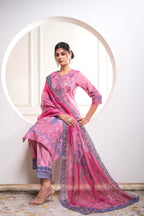 Juniper Lavender Floral Printed Kurta With Pant And Dupatta, Sequence & Beads Work | Grocsy