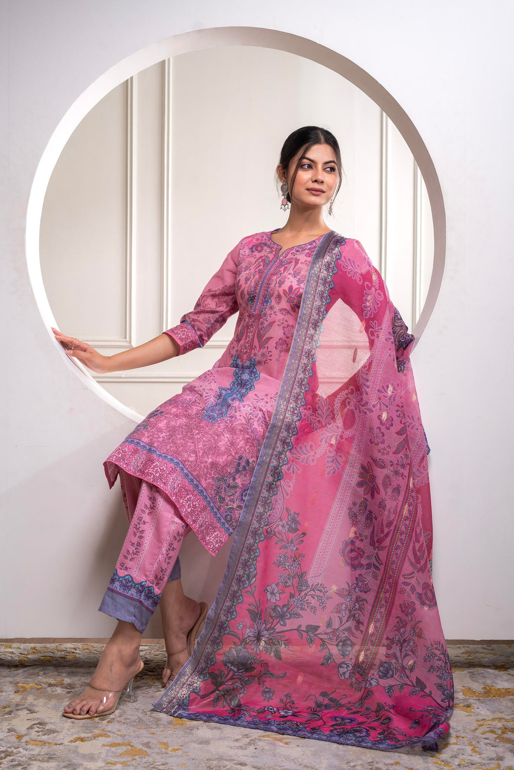 Juniper Lavender Floral Printed Kurta With Pant And Dupatta, Sequence & Beads Work | Grocsy