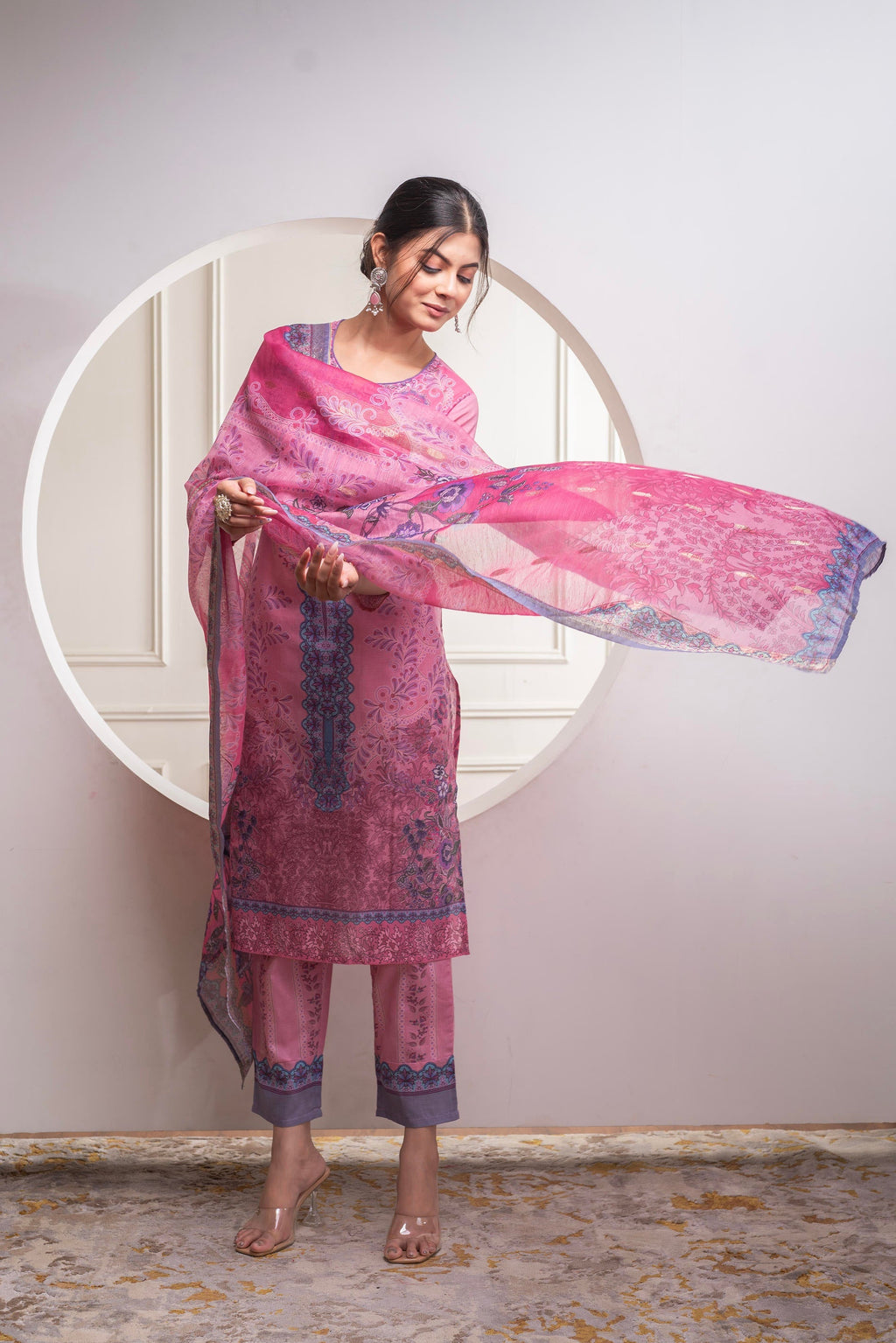 Juniper Lavender Floral Printed Kurta With Pant And Dupatta, Sequence & Beads Work | Grocsy
