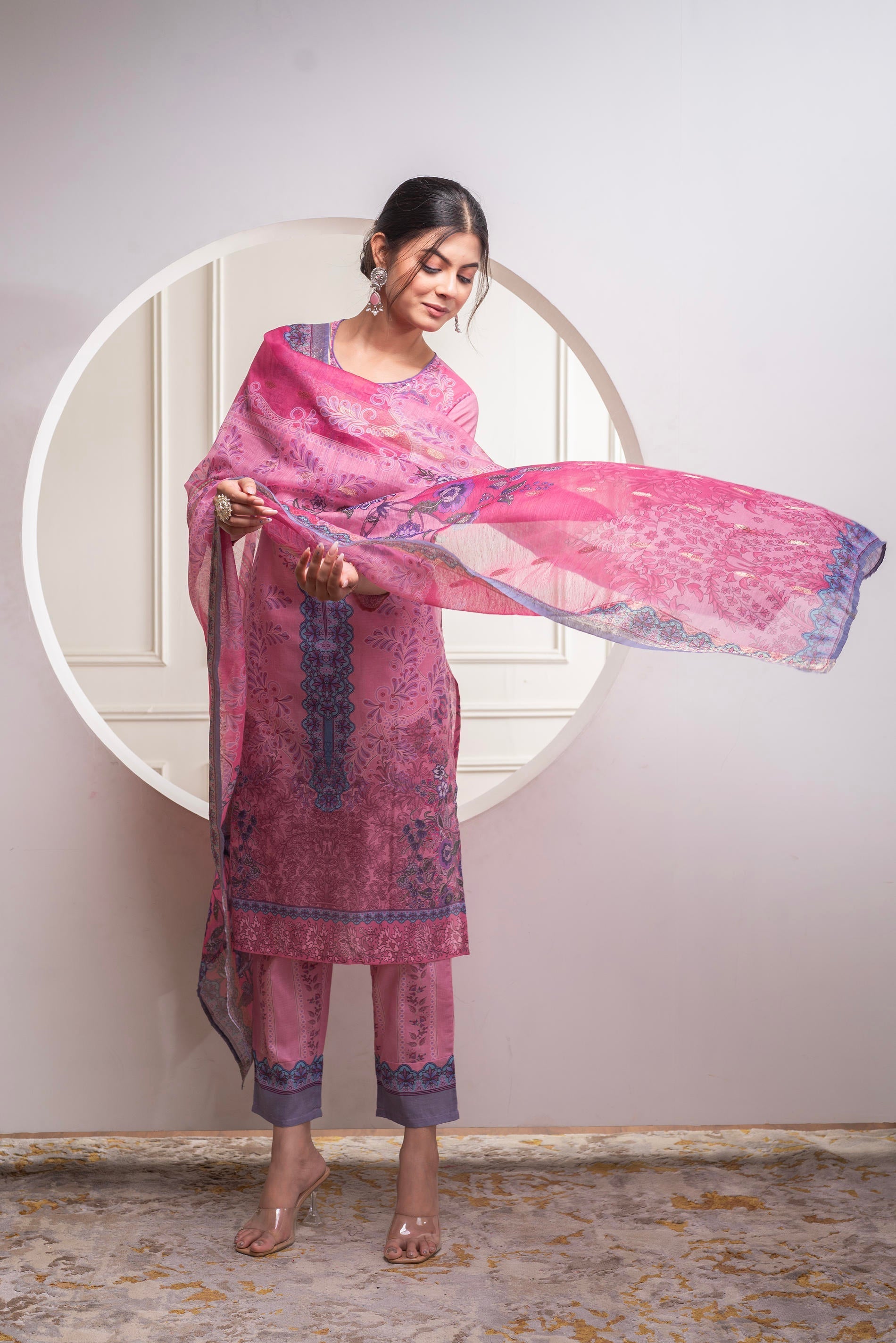 Juniper Lavender Floral Printed Kurta With Pant And Dupatta, Sequence & Beads Work | Grocsy