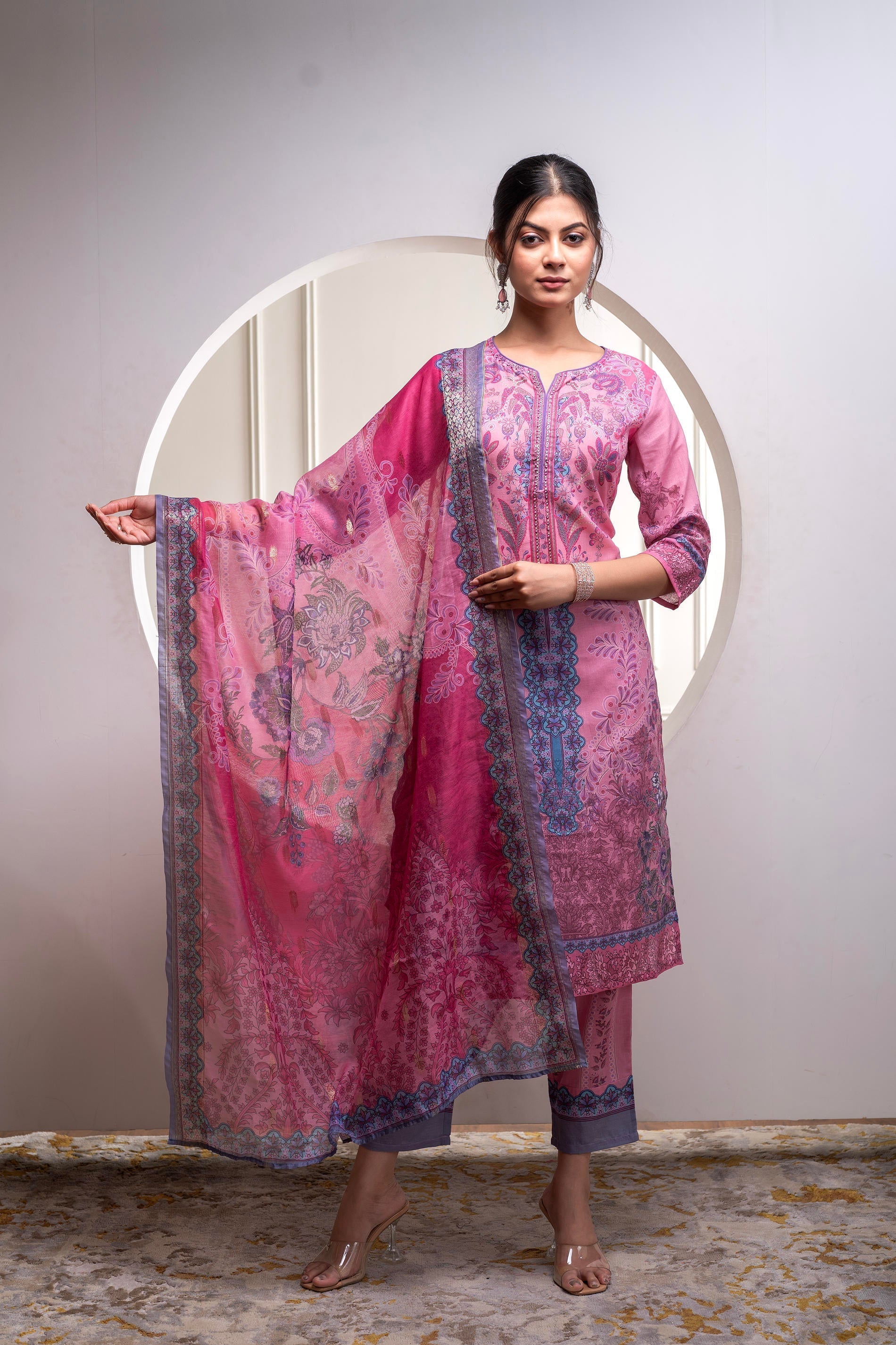 Juniper Lavender Floral Printed Kurta With Pant And Dupatta, Sequence & Beads Work | Grocsy