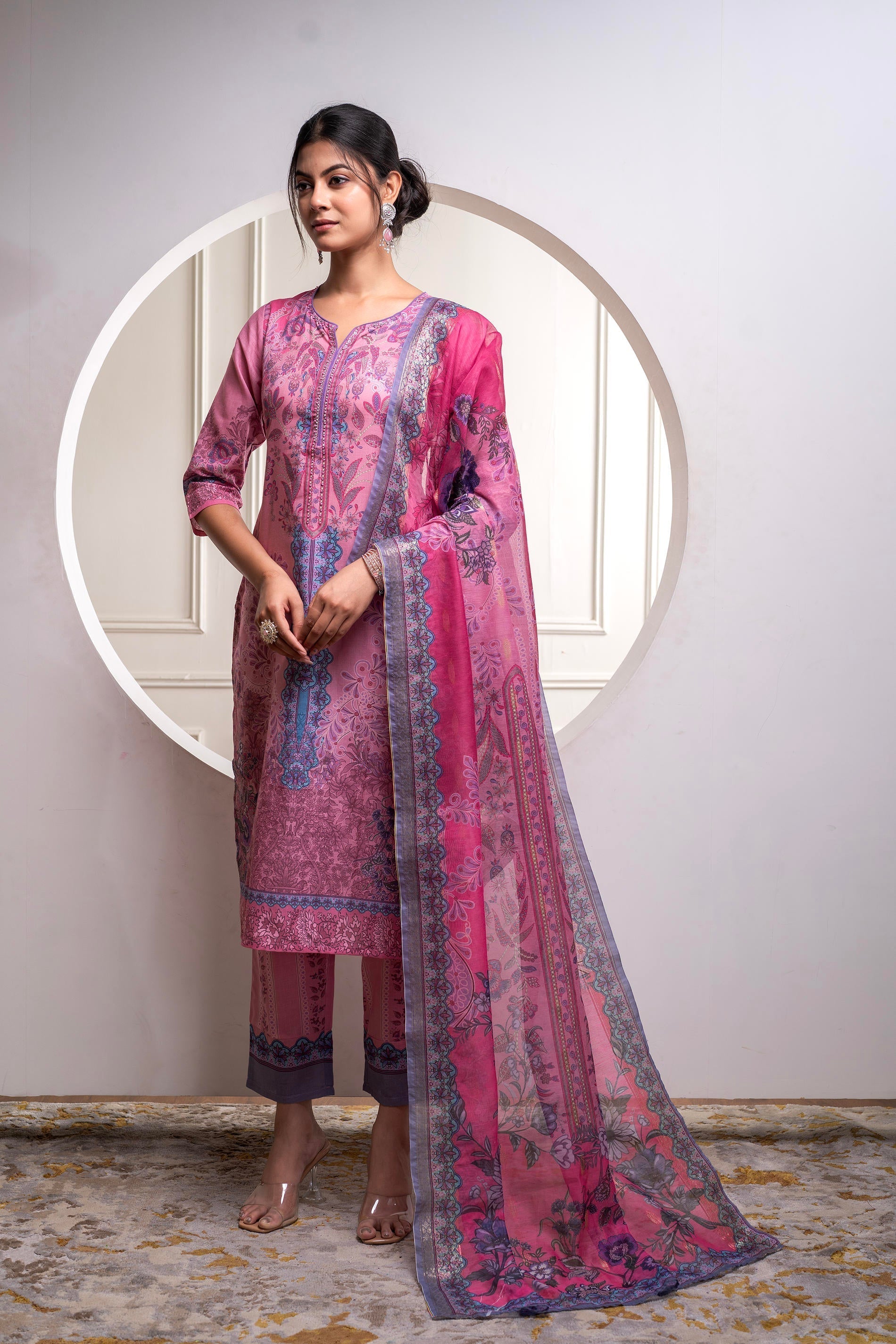 Juniper Lavender Floral Printed Kurta With Pant And Dupatta, Sequence & Beads Work | Grocsy