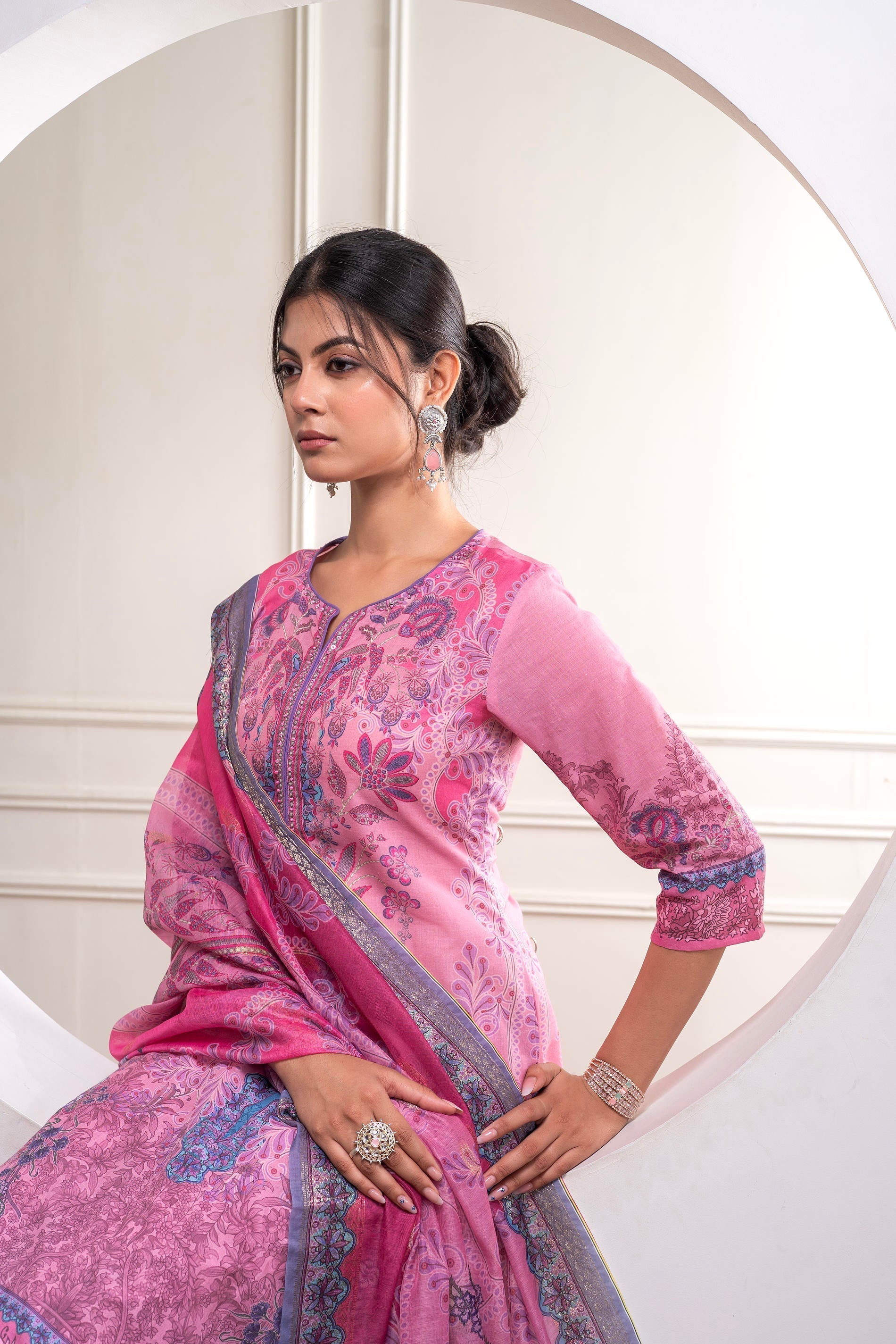 Juniper Lavender Floral Printed Kurta With Pant And Dupatta, Sequence & Beads Work | Grocsy
