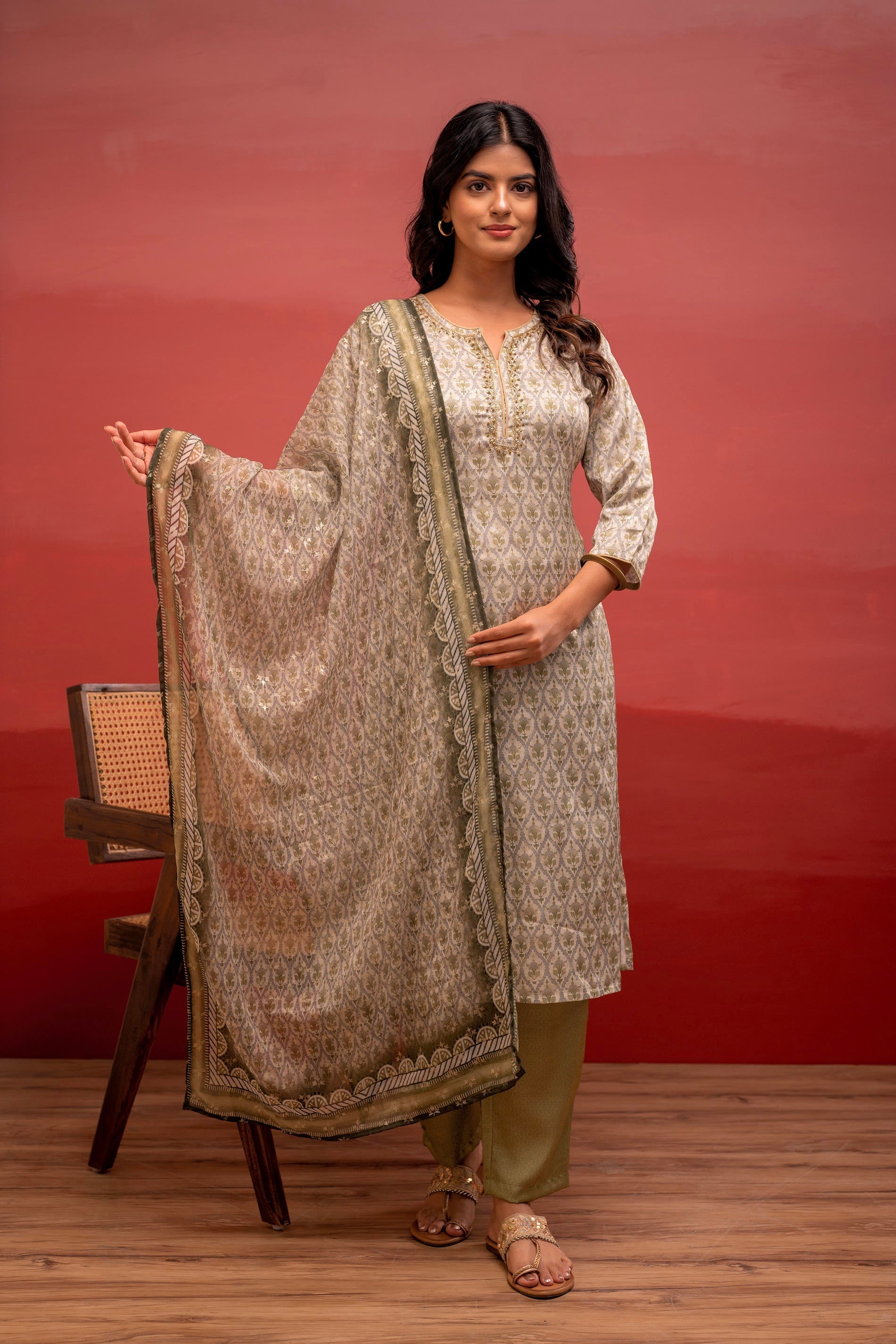 Juniper Green Floral Printed Kurta With Pant And Dupatta, Beads Work | Grocsy