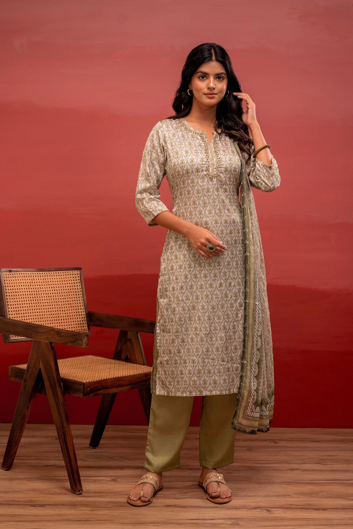 Juniper Green Floral Printed Kurta With Pant And Dupatta, Beads Work | Grocsy