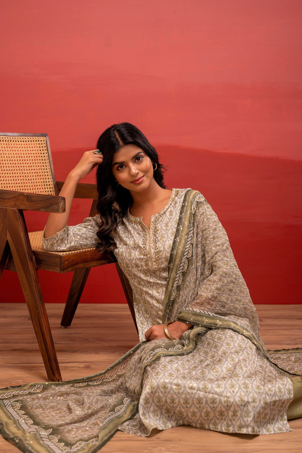 Juniper Green Floral Printed Kurta With Pant And Dupatta, Beads Work | Grocsy