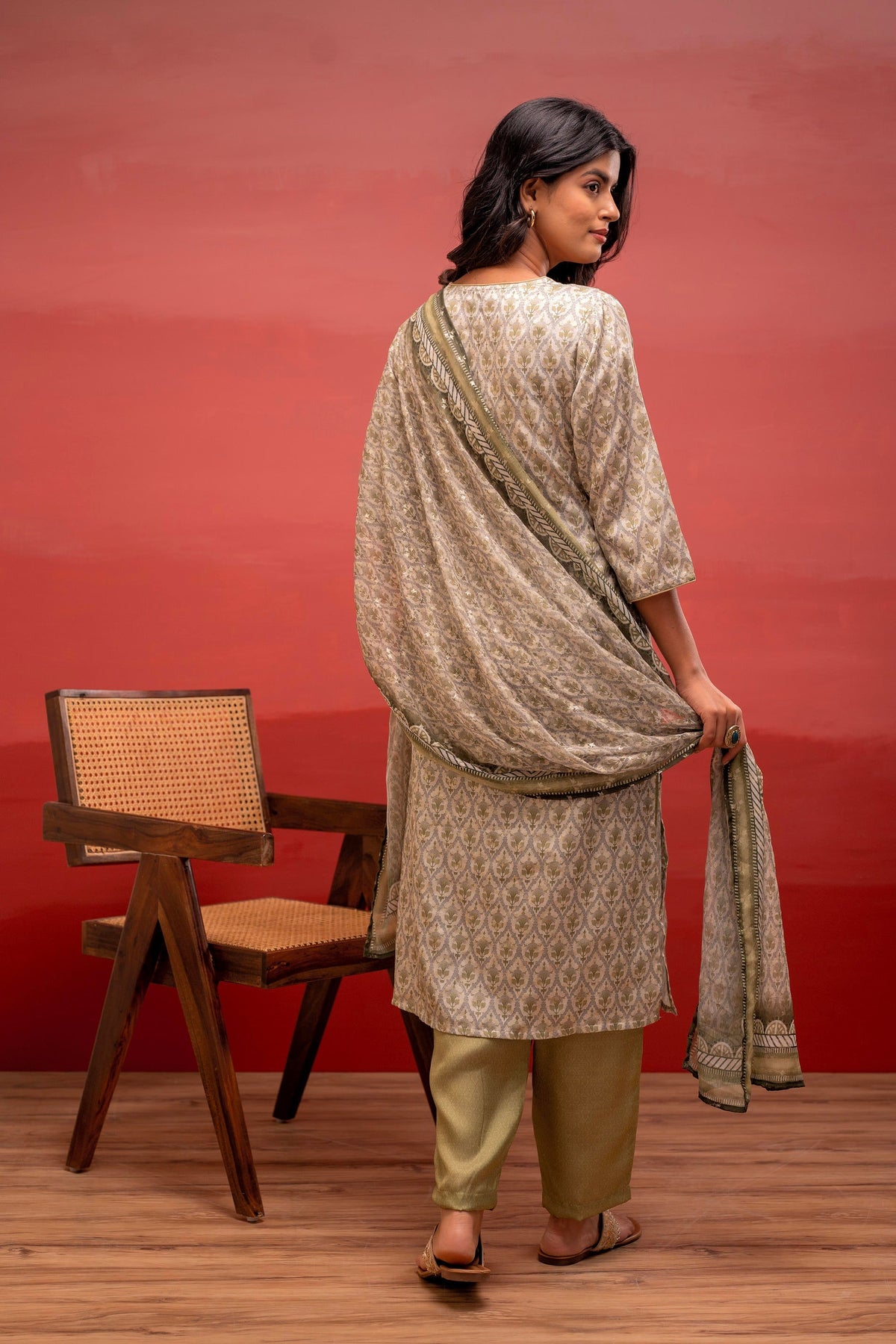 Juniper Green Floral Printed Kurta With Pant And Dupatta, Beads Work | Grocsy