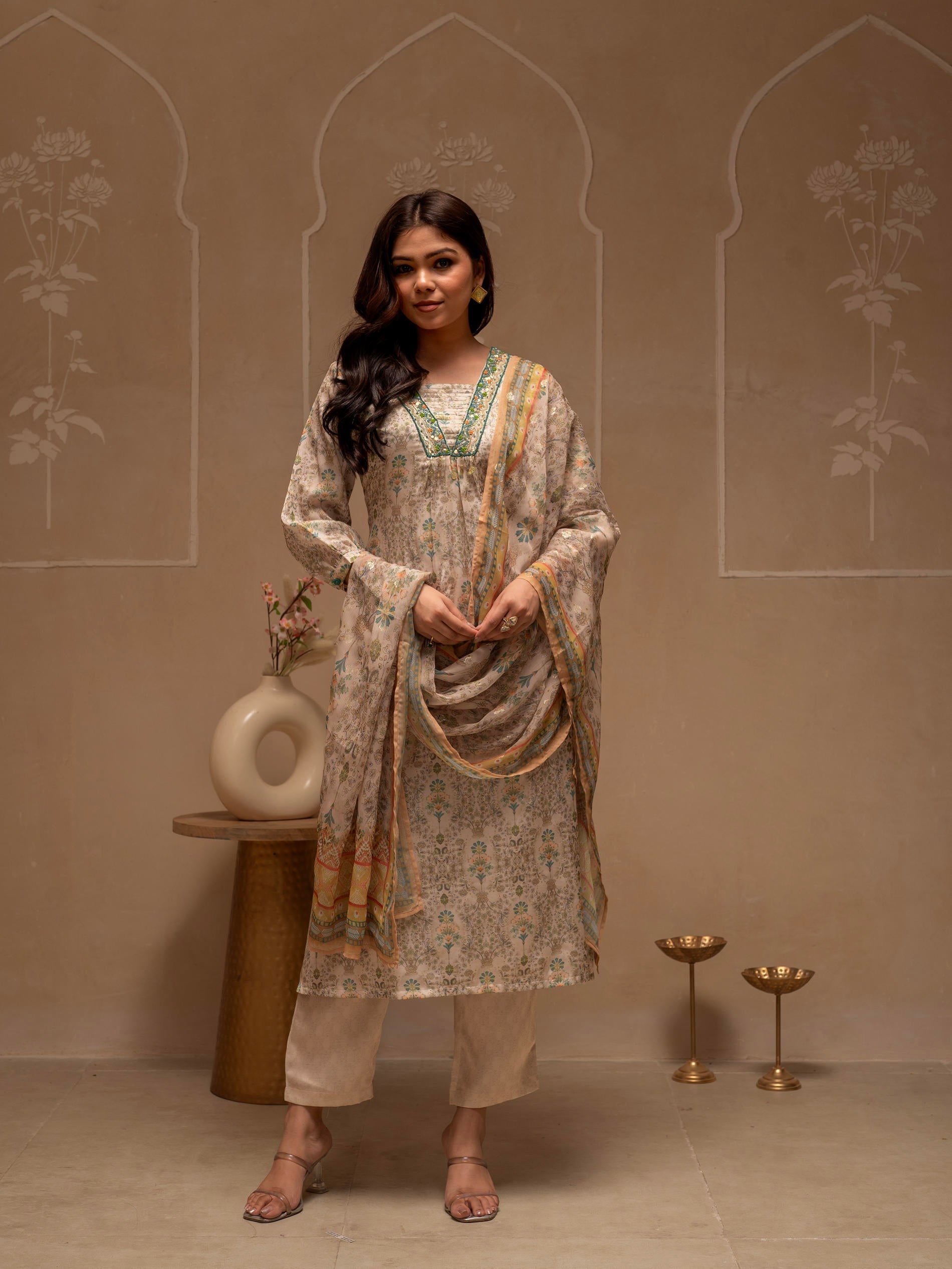 Juniper Man Made Fiber Ivory Embellished Kurta Pant Dupatta Set With Floral & Ethnic Motifs | Grocsy