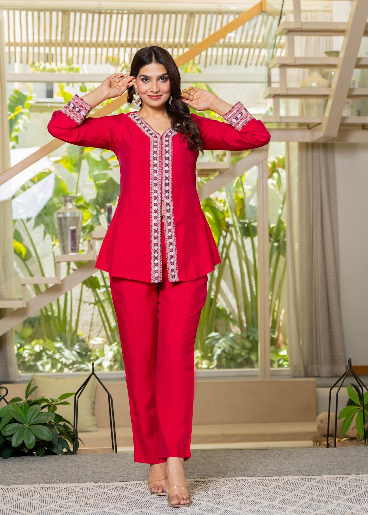 Juniper Red Embroidered V-Neck Co-Ord Set With Straight Pants | Grocsy