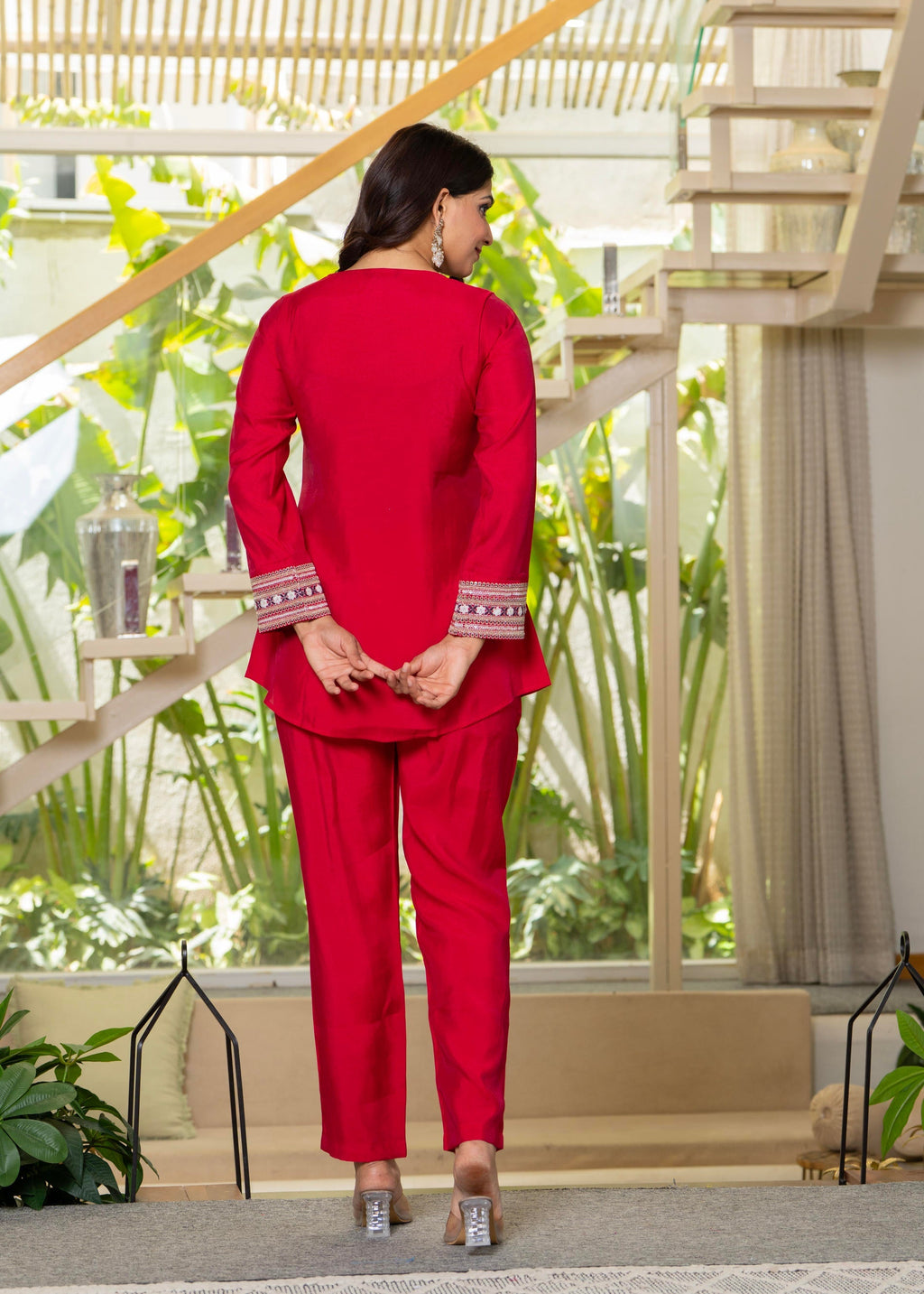 Juniper Red Embroidered V-Neck Co-Ord Set With Straight Pants | Grocsy