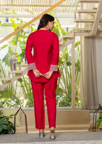 Juniper Red Embroidered V-Neck Co-Ord Set With Straight Pants | Grocsy