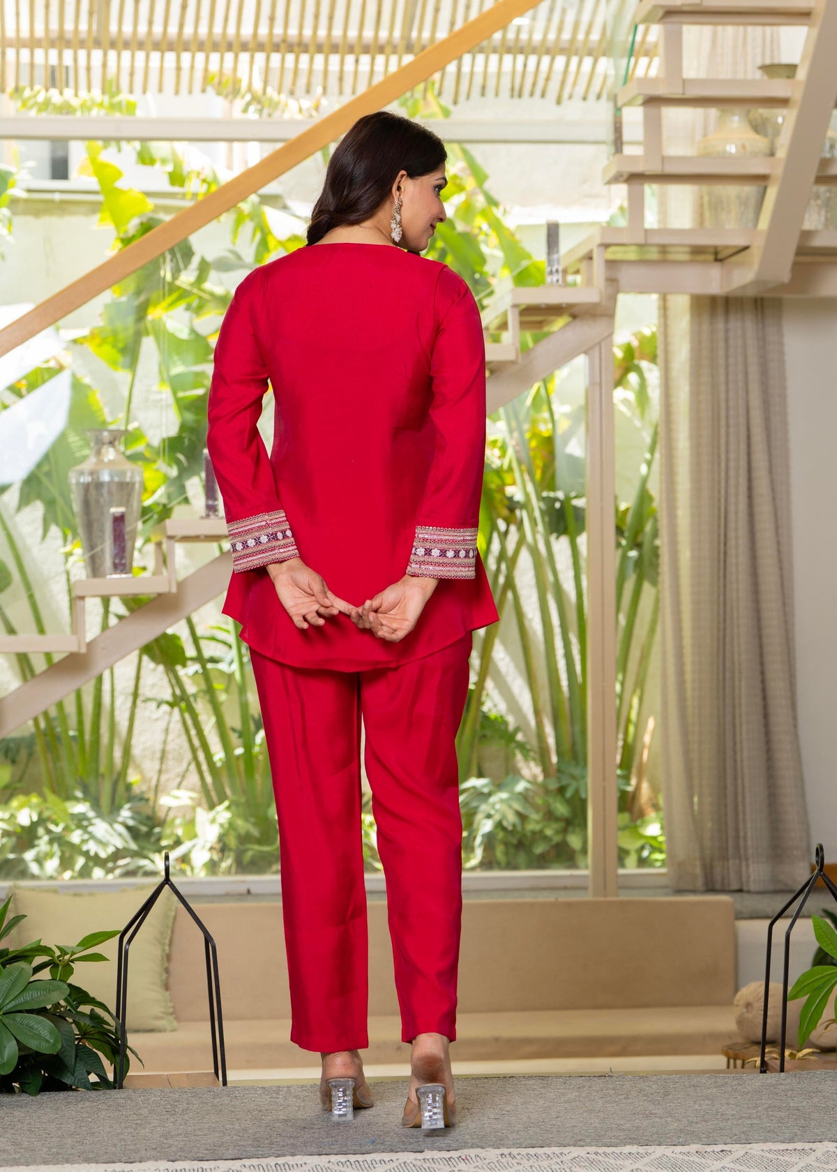 Juniper Red Embroidered V-Neck Co-Ord Set With Straight Pants | Grocsy