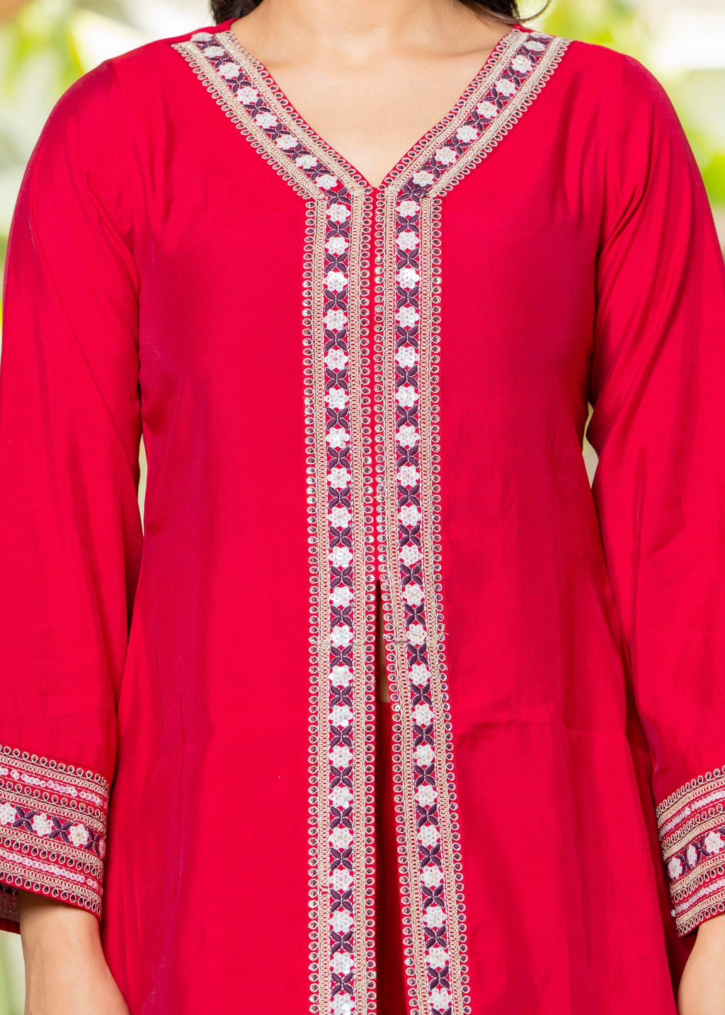 Juniper Red Embroidered V-Neck Co-Ord Set With Straight Pants | Grocsy