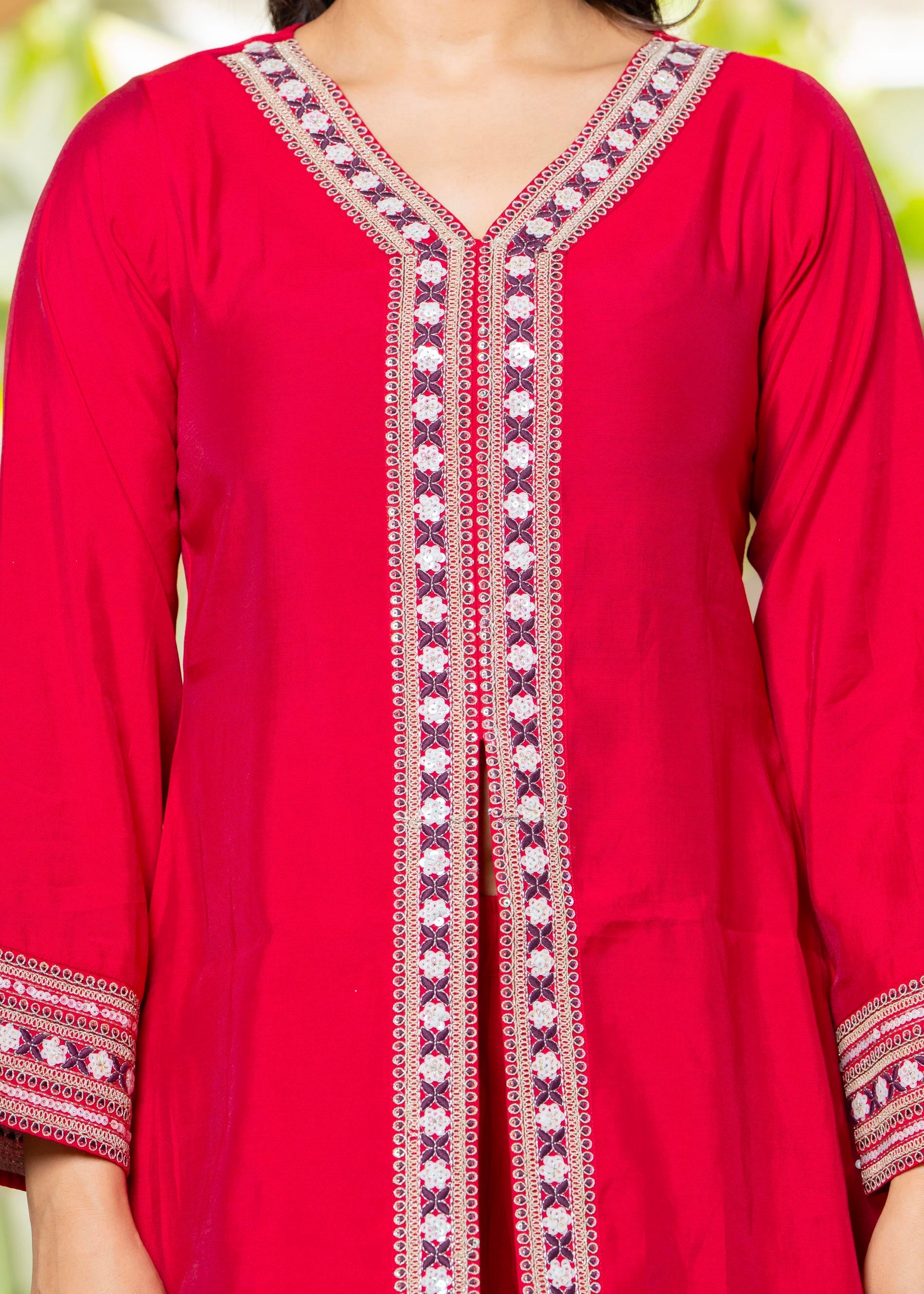 Juniper Red Embroidered V-Neck Co-Ord Set With Straight Pants | Grocsy