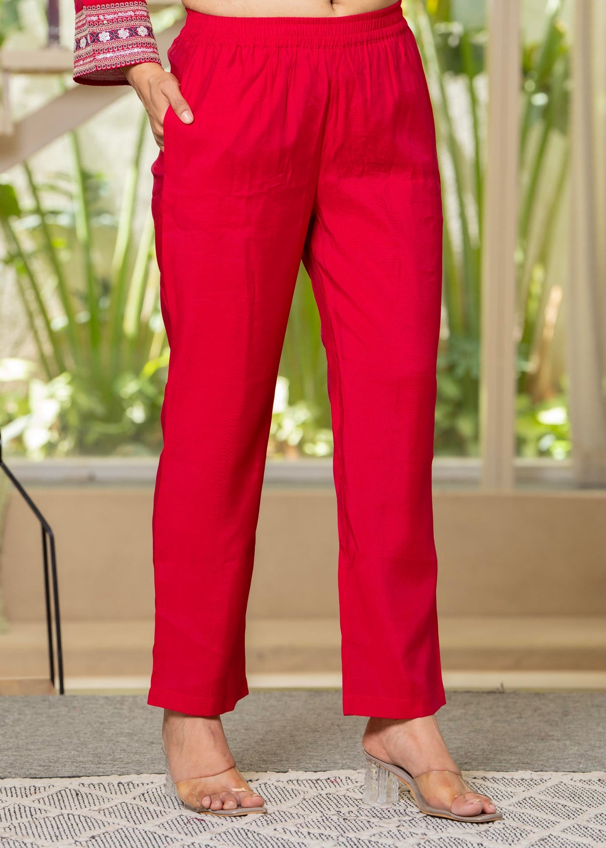 Juniper Red Embroidered V-Neck Co-Ord Set With Straight Pants | Grocsy