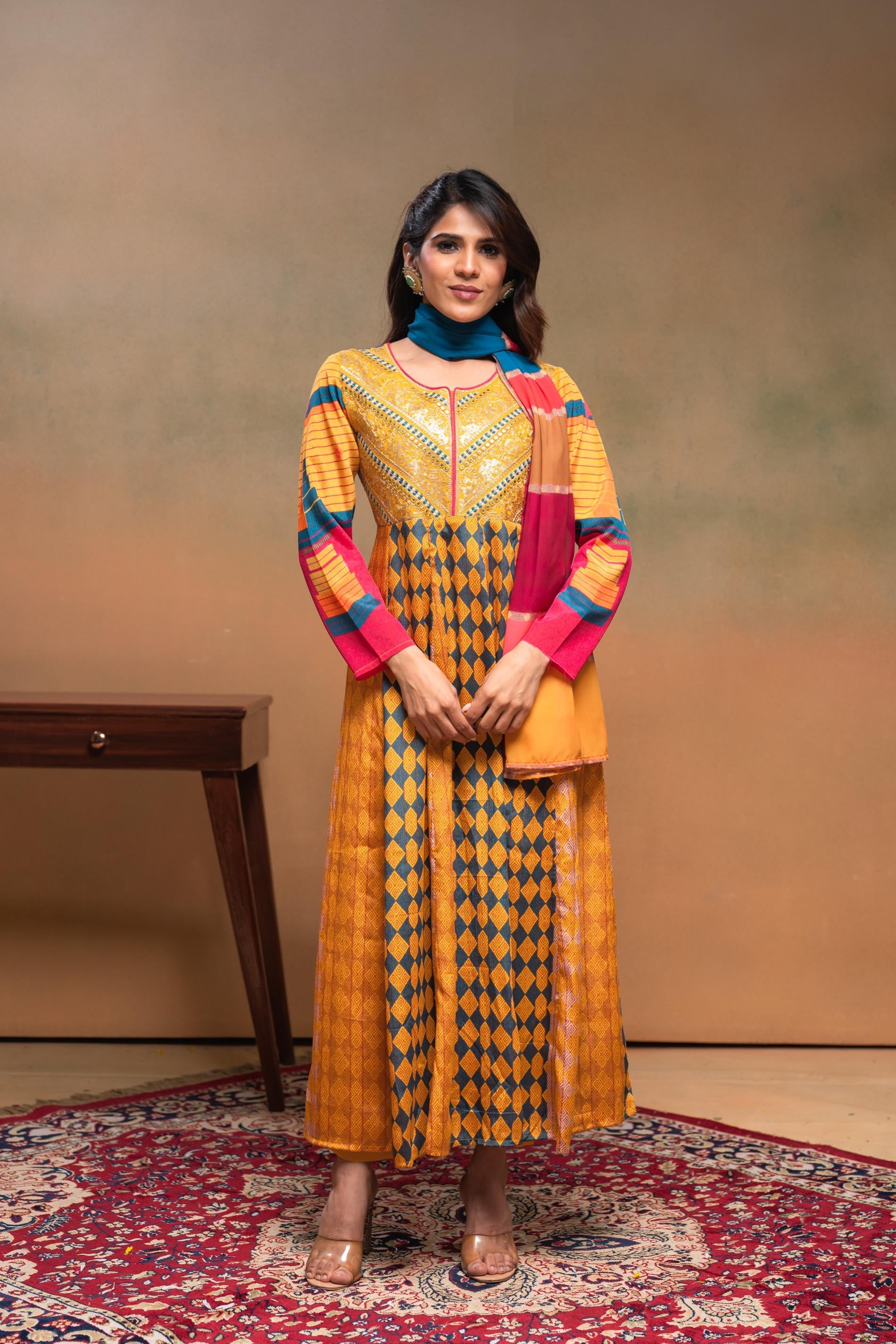 Juniper Man Made Fiber Mustard Embroidered Color Block Kurta Pant Dupatta Set With Mirror & Thread Work | Grocsy