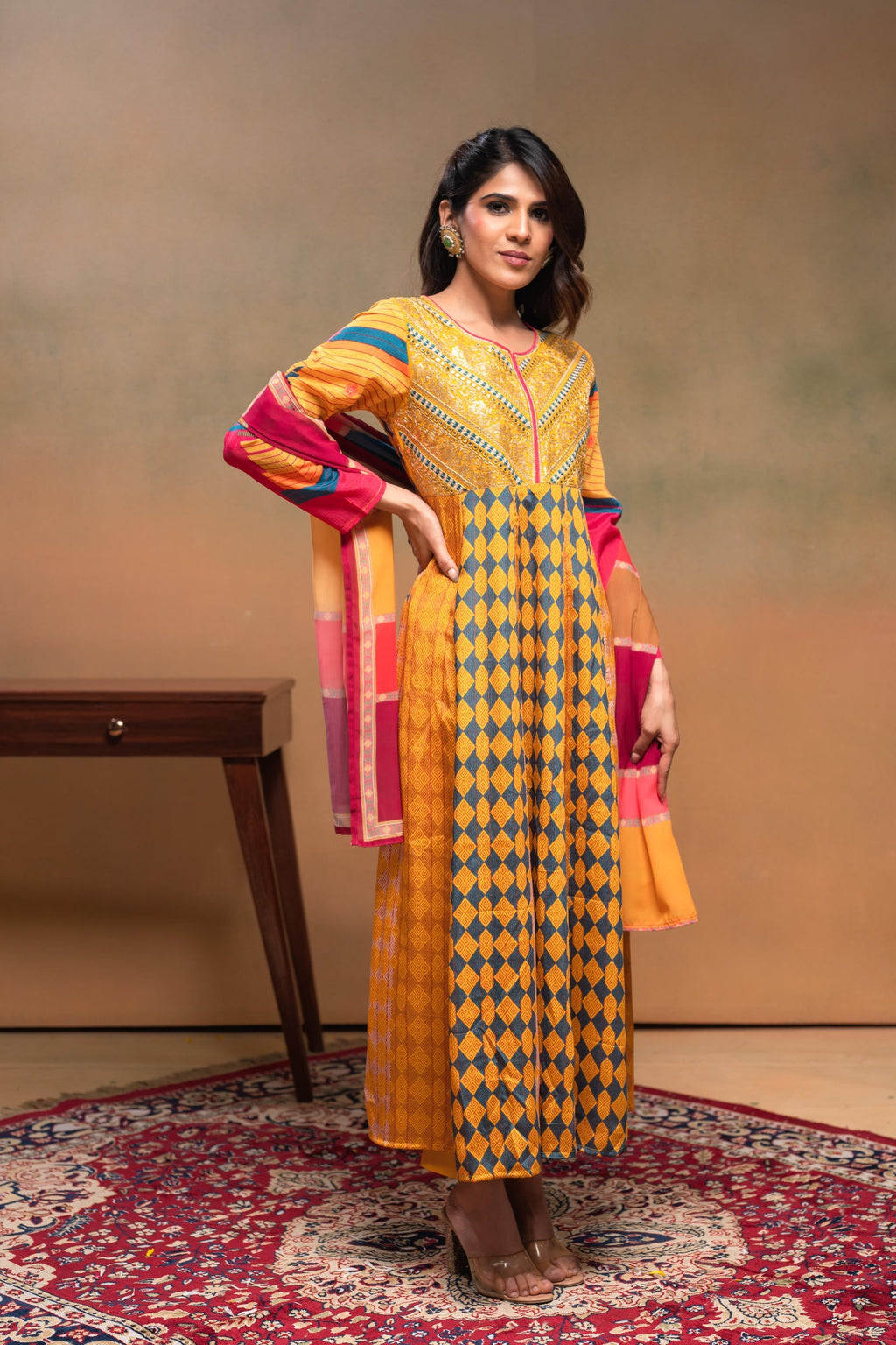 Juniper Man Made Fiber Mustard Embroidered Color Block Kurta Pant Dupatta Set With Mirror & Thread Work | Grocsy