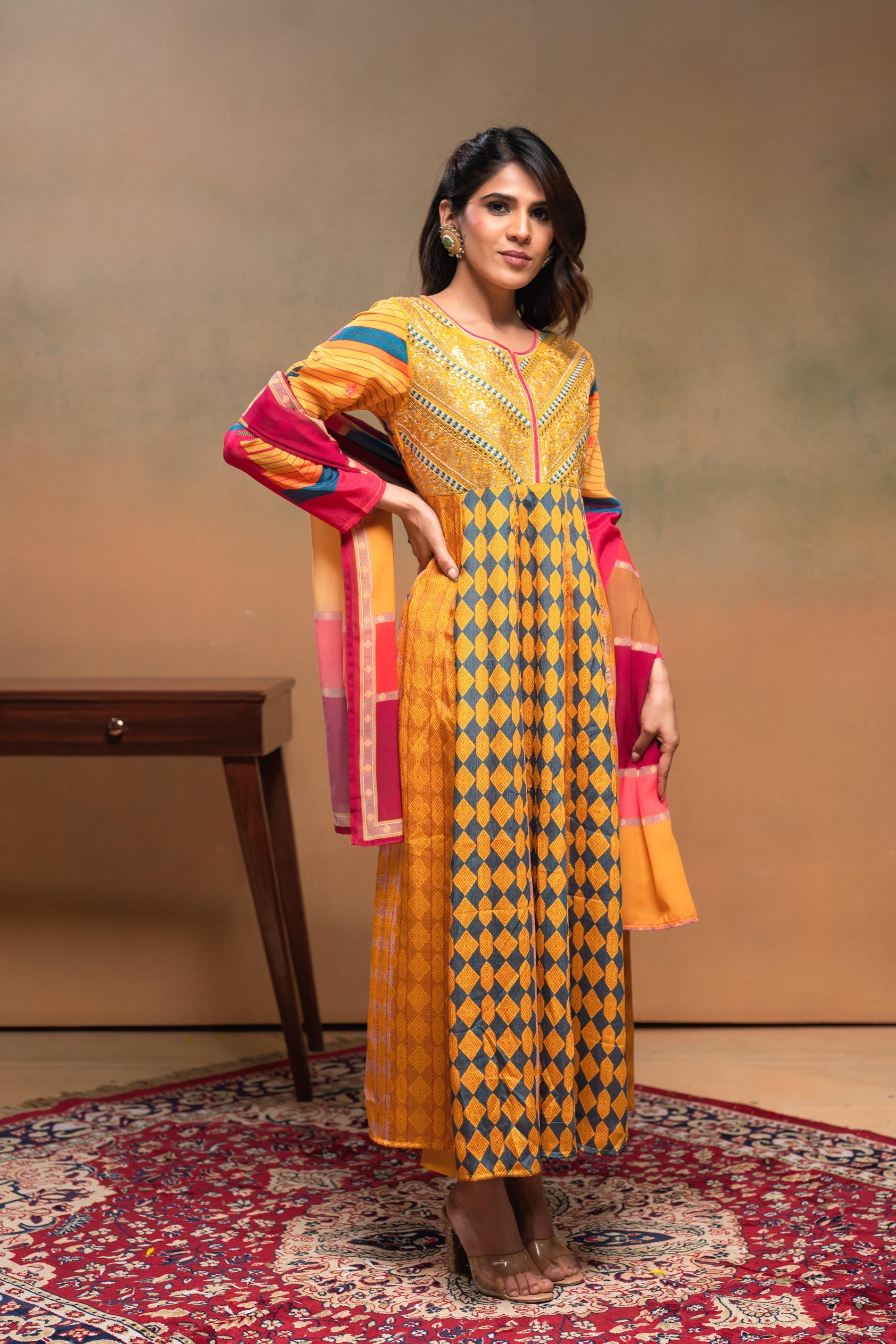 Juniper Man Made Fiber Mustard Embroidered Color Block Kurta Pant Dupatta Set With Mirror & Thread Work | Grocsy