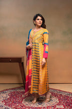 Juniper Man Made Fiber Mustard Embroidered Color Block Kurta Pant Dupatta Set With Mirror & Thread Work | Grocsy