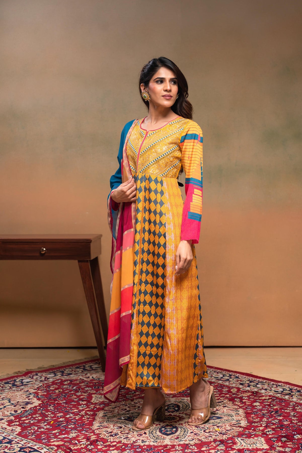 Juniper Man Made Fiber Mustard Embroidered Color Block Kurta Pant Dupatta Set With Mirror & Thread Work | Grocsy