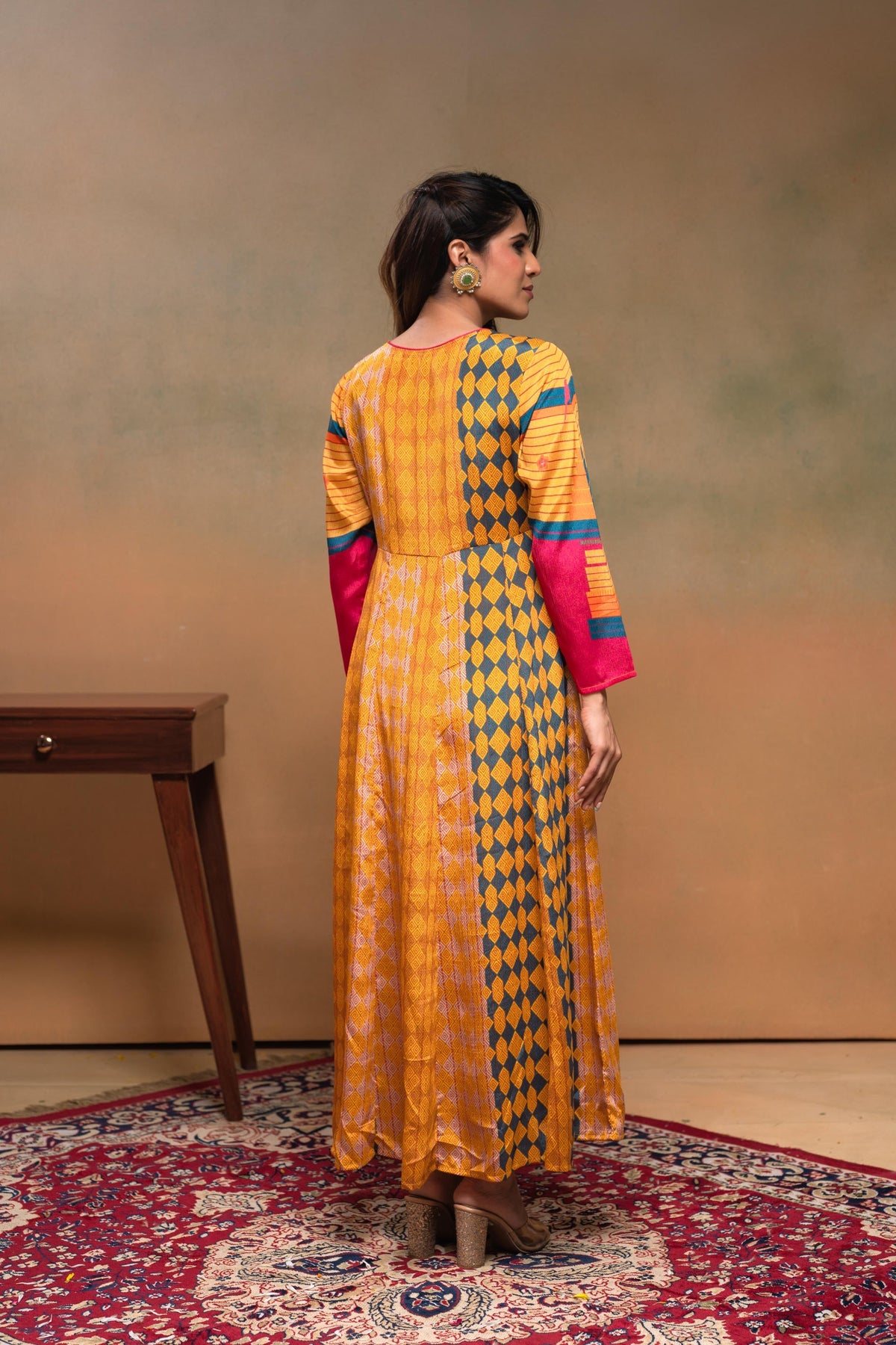 Juniper Man Made Fiber Mustard Embroidered Color Block Kurta Pant Dupatta Set With Mirror & Thread Work | Grocsy