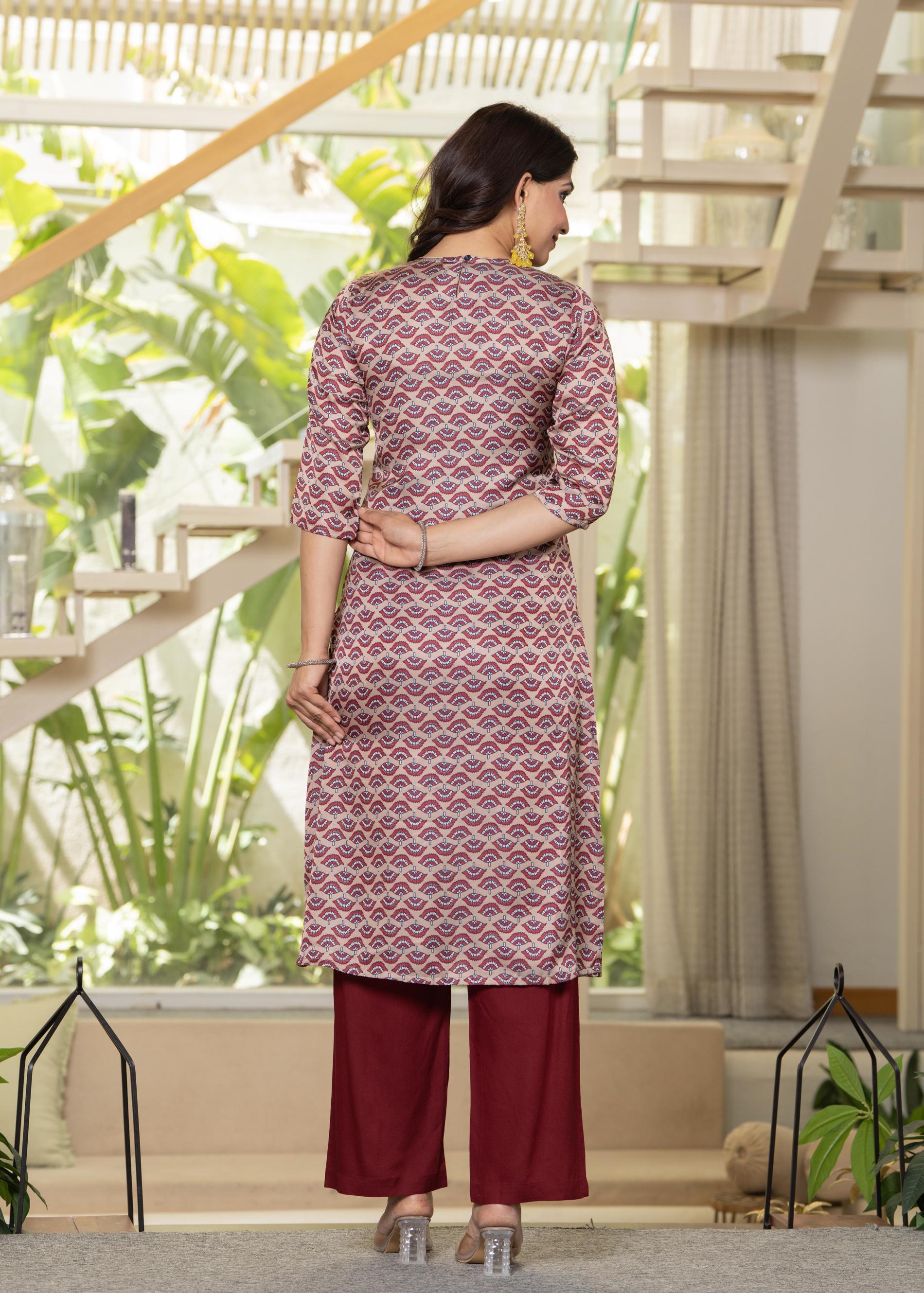 Juniper Ivory Floral Poly Kurta And Pants Set With Mirror, Thread Work And Tassels Detail | Grocsy