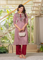 Juniper Ivory Floral Poly Kurta And Pants Set With Mirror, Thread Work And Tassels Detail | Grocsy