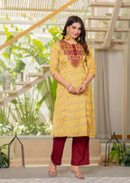 Juniper Yellow Floral Poly Kurta And Pants Set With Mirror, Thread Work | Grocsy
