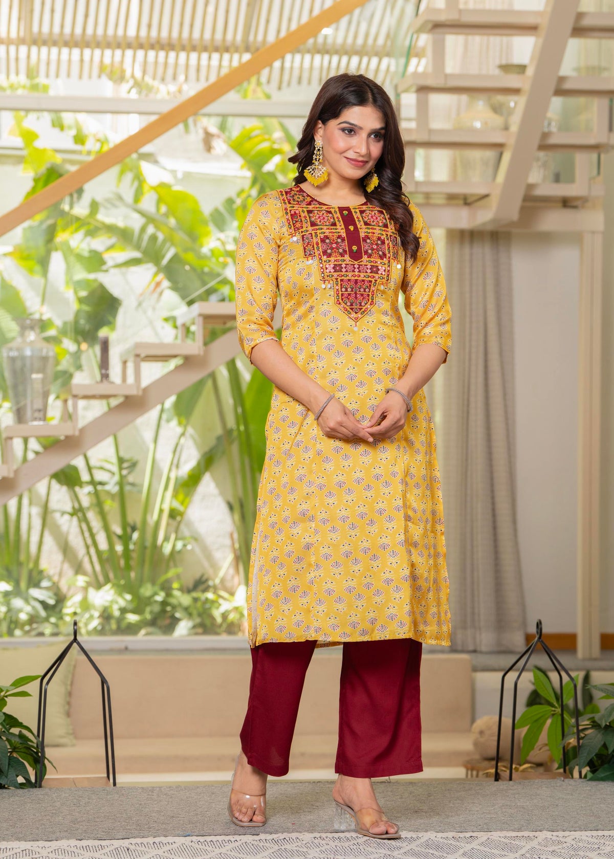 Juniper Yellow Floral Poly Kurta And Pants Set With Mirror, Thread Work | Grocsy