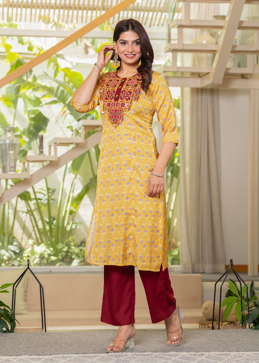 Juniper Yellow Floral Poly Kurta And Pants Set With Mirror, Thread Work | Grocsy