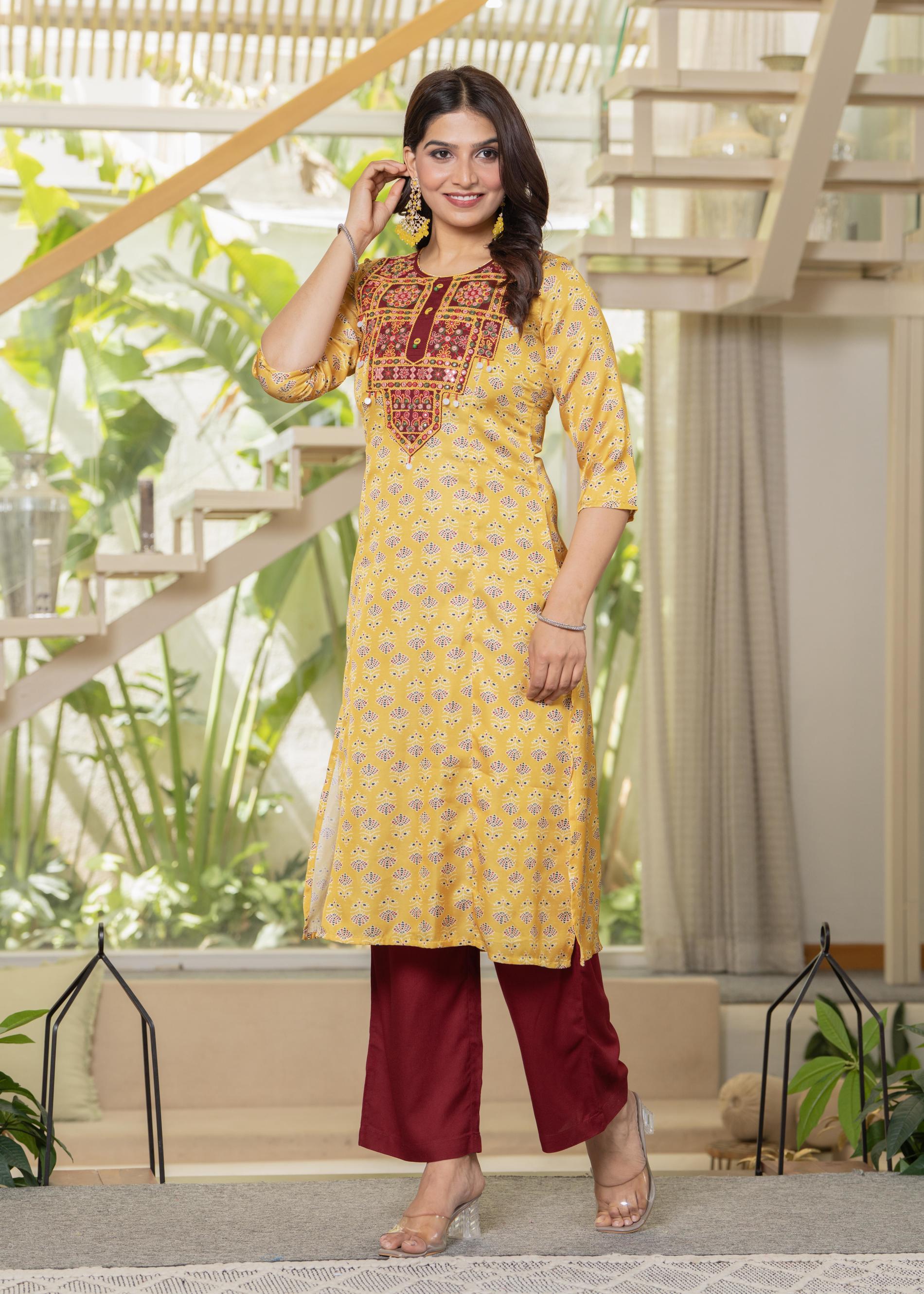Juniper Yellow Floral Poly Kurta And Pants Set With Mirror, Thread Work | Grocsy