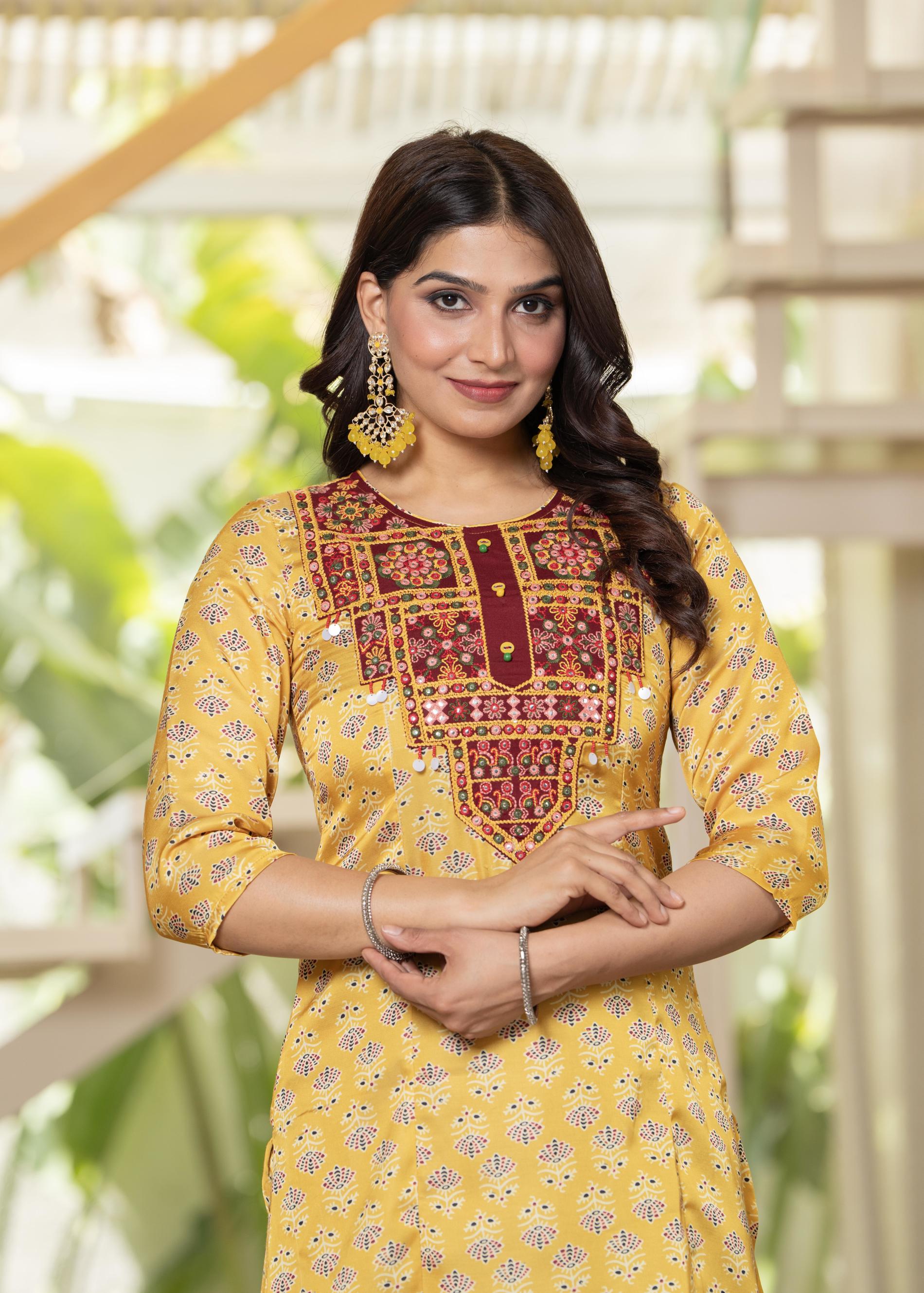 Juniper Yellow Floral Poly Kurta And Pants Set With Mirror, Thread Work | Grocsy