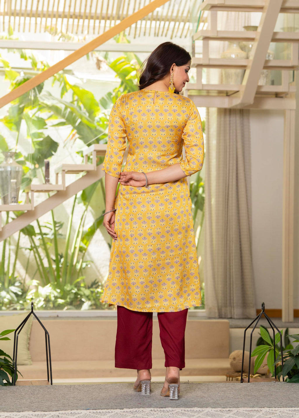 Juniper Yellow Floral Poly Kurta And Pants Set With Mirror, Thread Work | Grocsy