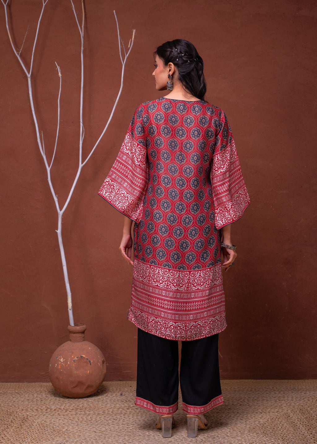 Juniper Polycotton Maroon Embroidered Kurta Pant Set With Mirror, Thread Work & Tassels | Grocsy